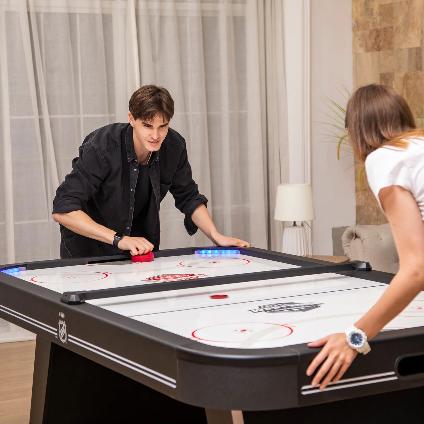 Power Play Pro 84" Indoor Air Hockey Table with Overhead Projection LED Scoring and Light-Up Power Corners