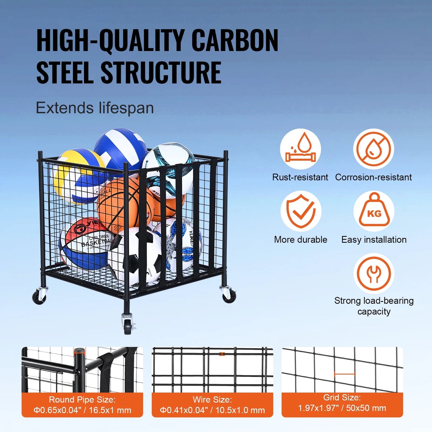 Rolling Sports Ball Storage Cart Garages Sports Equipment Organizer Steel