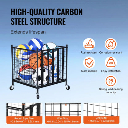 Rolling Sports Ball Storage Cart Garages Sports Equipment Organizer Steel