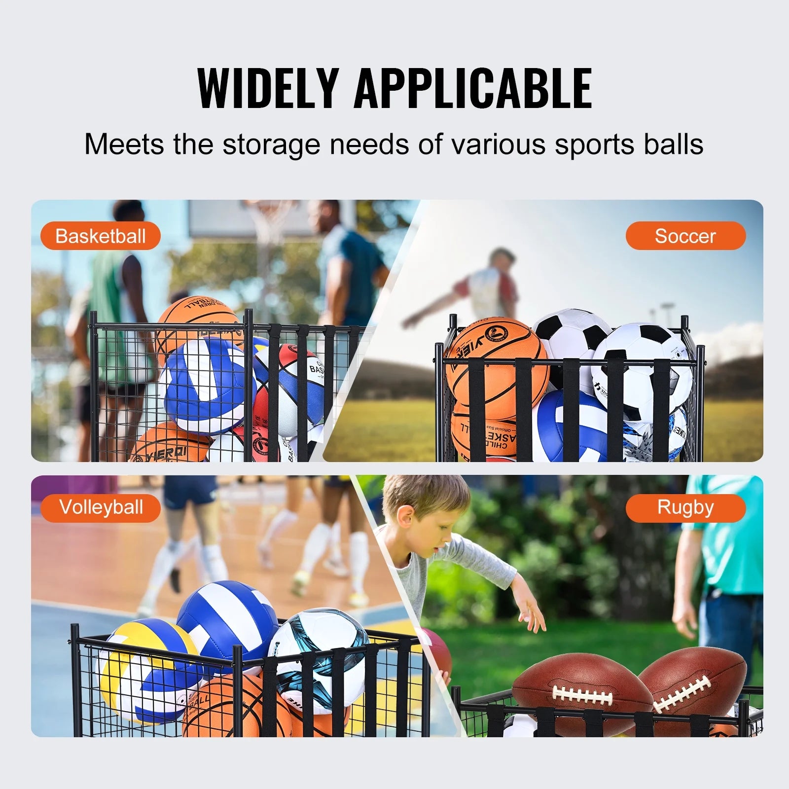 Rolling Sports Ball Storage Cart Garages Sports Equipment Organizer Steel