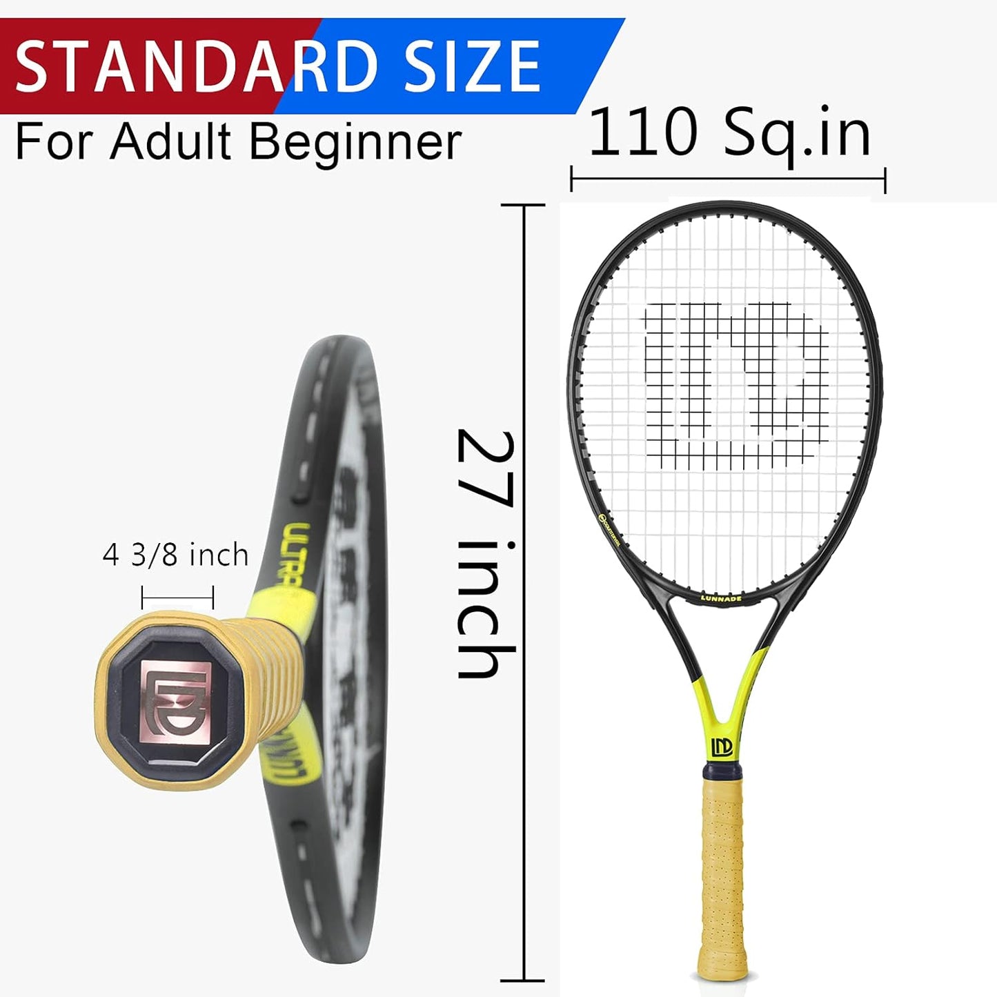 Adults Tennis Racket 27 Inch, Shockproof Carbon Fiber Tennis Racquet Light-Weight, Pre-Strung and Regrip, Suitable for Beginners to Intermediate Players