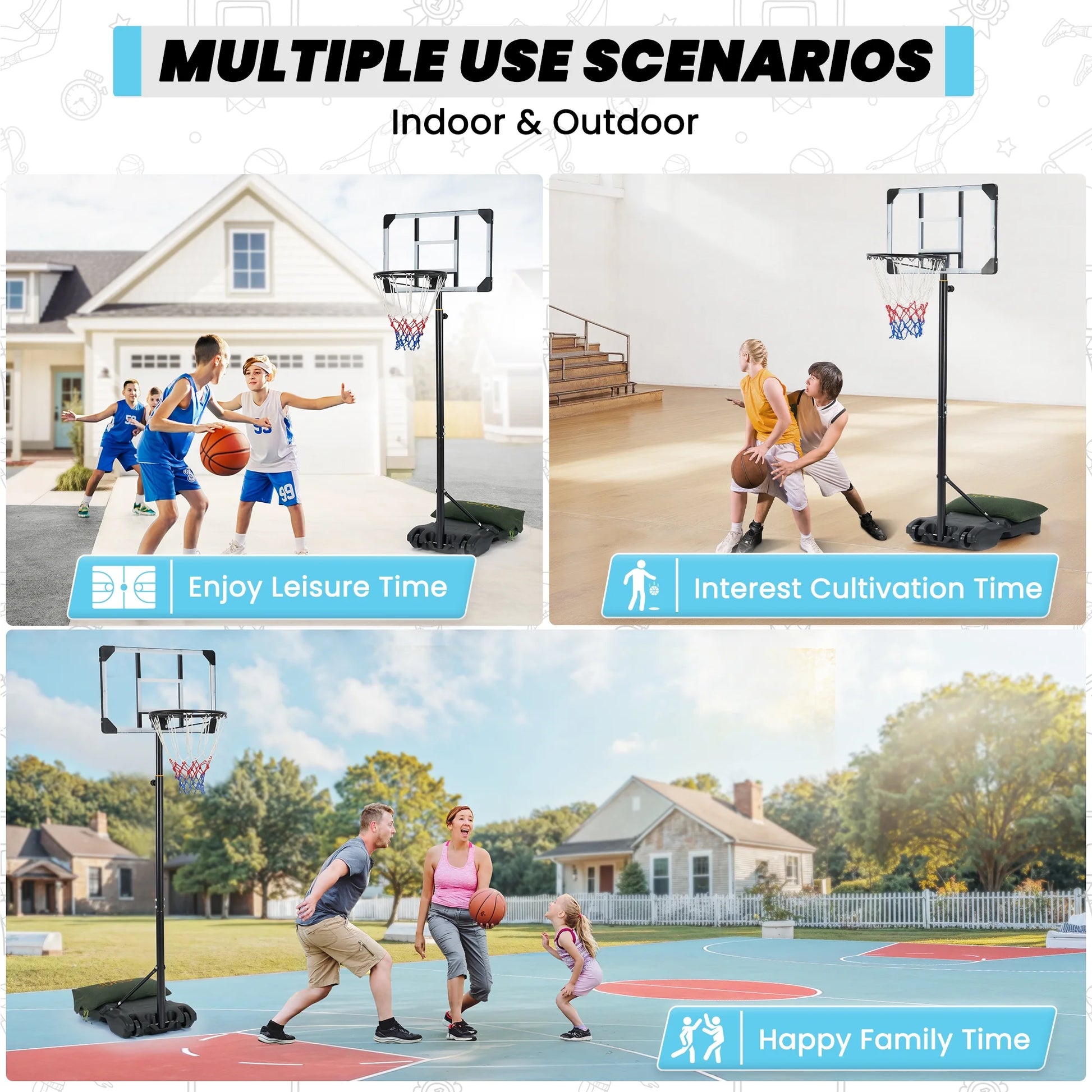 28In Basketball Hoop Basketball Goal System Height Adjustable 5.1Ft to 7Ft Court for All Age Ranges Indoor Outdoor Use