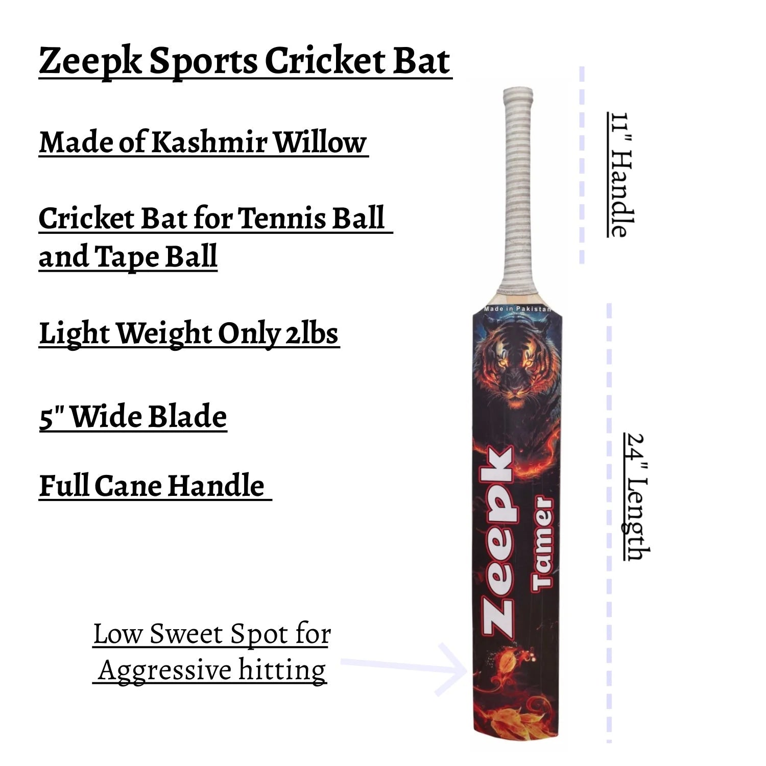 Cricket Bat Tamer Tennis Tape Ball 5" Inch Full Cane Long Handle Willow 2Lb Light Weight