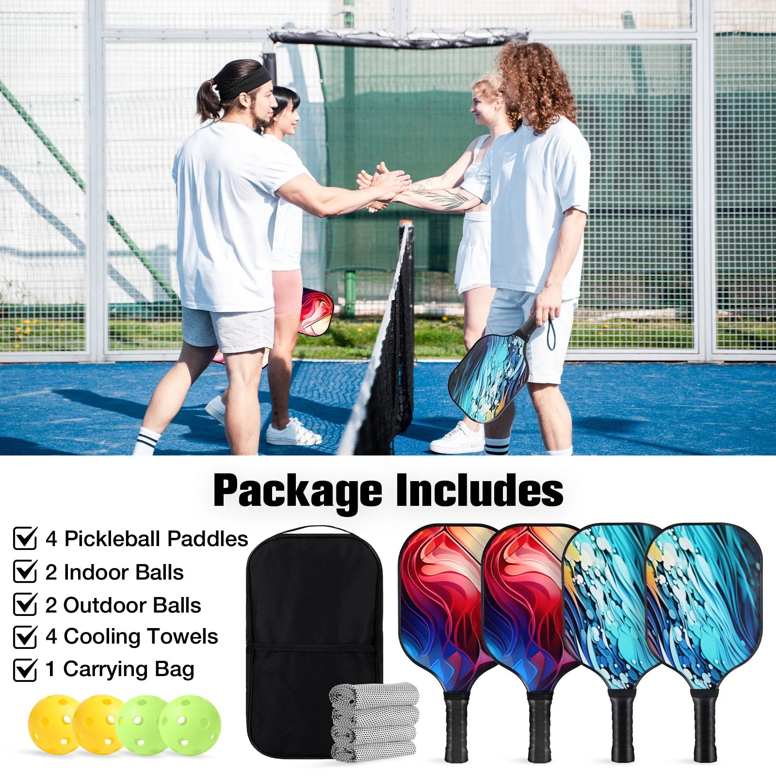 Pickleball Paddles Set of 4, with 4 Fiberglass Paddles, 4 Pickle-Ball , 4 Cooling Towel, 1 Pickleball Bag, PP Honeycomb Core Pickleball Equipment Is the Perfect Gift for Beginners & Amateurs
