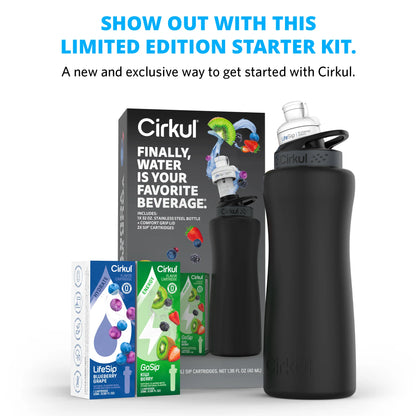 32Oz Matte Black Stainless Steel Starter Kit with Matte Black  Lid 2.0 and 2 Flavor Cartridges (Blueberry Grape & Kiwi Berry)