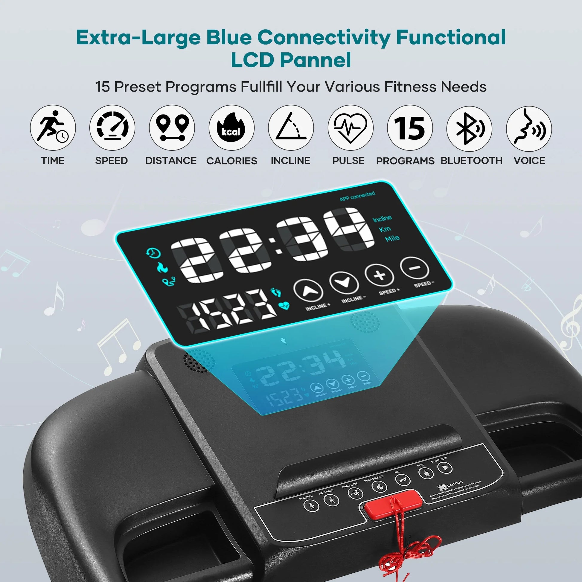 Naipotreadmill with Auto Incline Bluetooth Voice Control 17 in Wide Electric Treadmill Folding Machine 15 Level Auto 8.8 Mhp Speed for Home Use Gifts