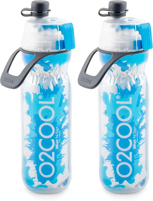 Mist 'N Sip Misting Water Bottle 2-In-1 Mist and Sip Function with No Leak Pull Top Spout Reusable Sports Water Bottle - 20 Oz (2 Pack Splash Blue)