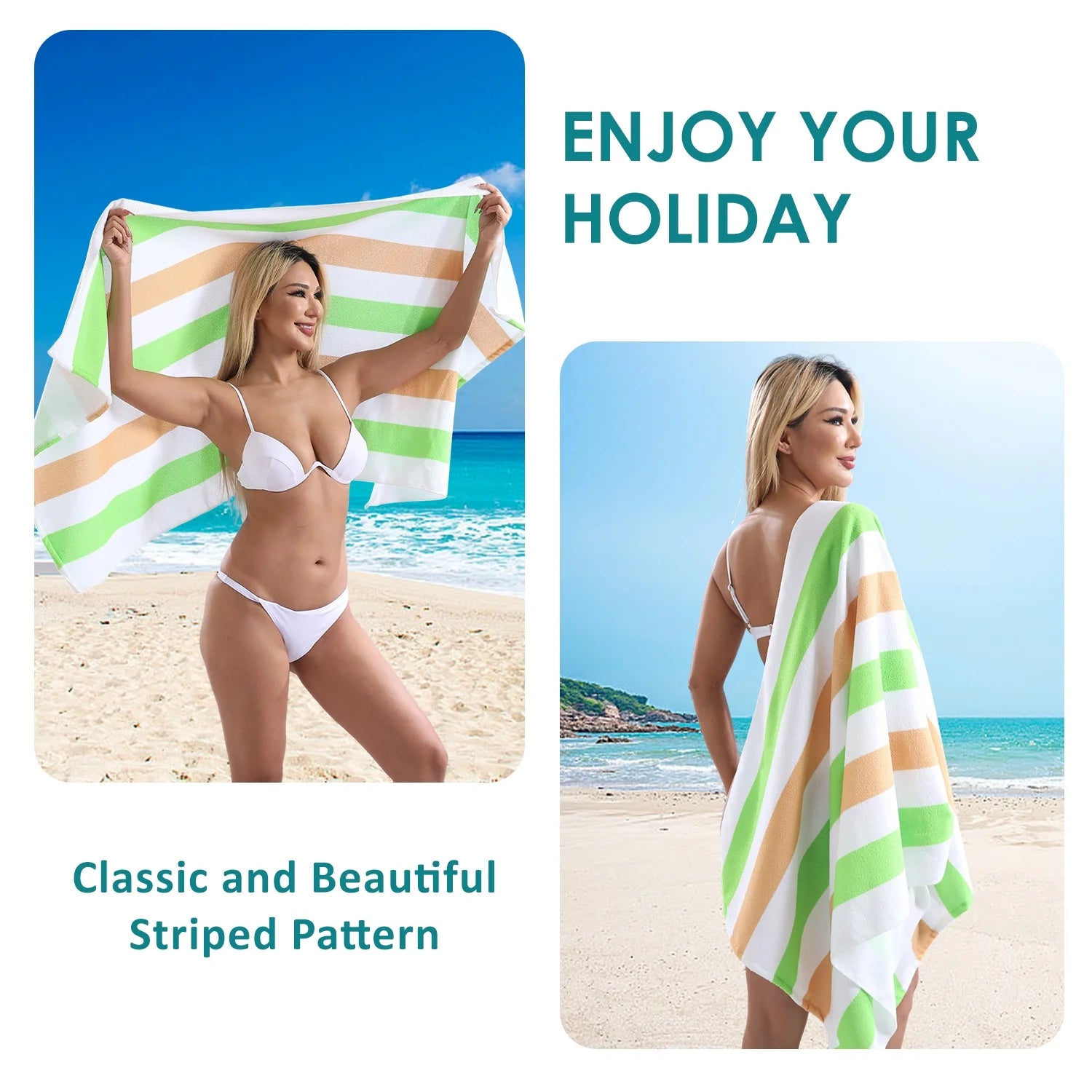 4 Pack Oversized Cabana Stripe Beach Towels, 60X30 Inches Microfiber Lightweight Outdoor Large Swim Towel for Adults (Green Coffee)