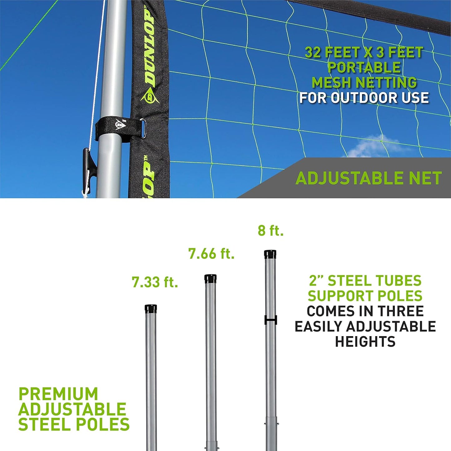 Multiple Size Adjustable Heights Outdoor Volleyball Net, Durable 3-Piece Steel Poles with Official Size Ball Included, Perfect for Beach and Backyard