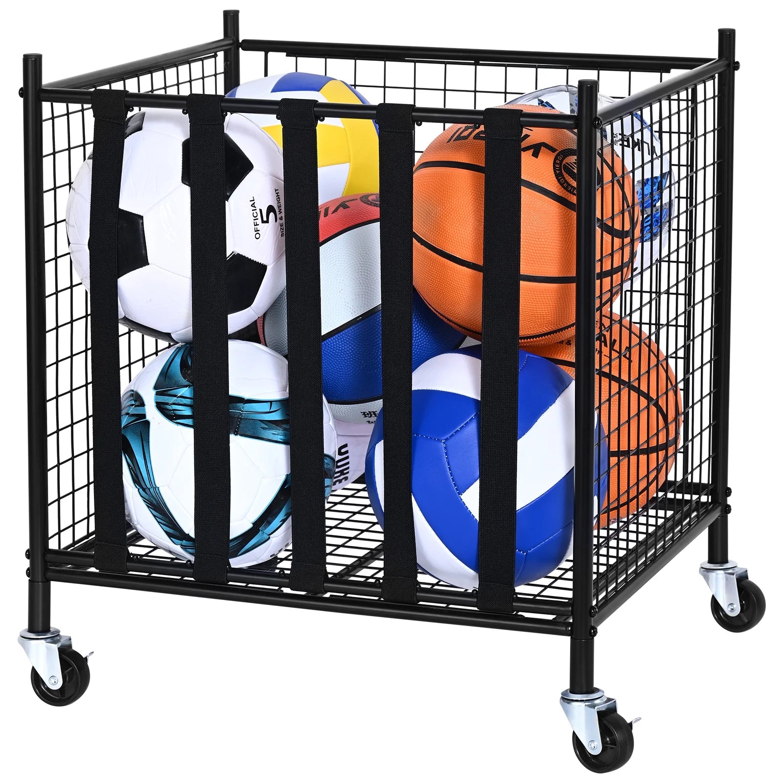 Rolling Sports Ball Storage Cart Garages Sports Equipment Organizer Steel