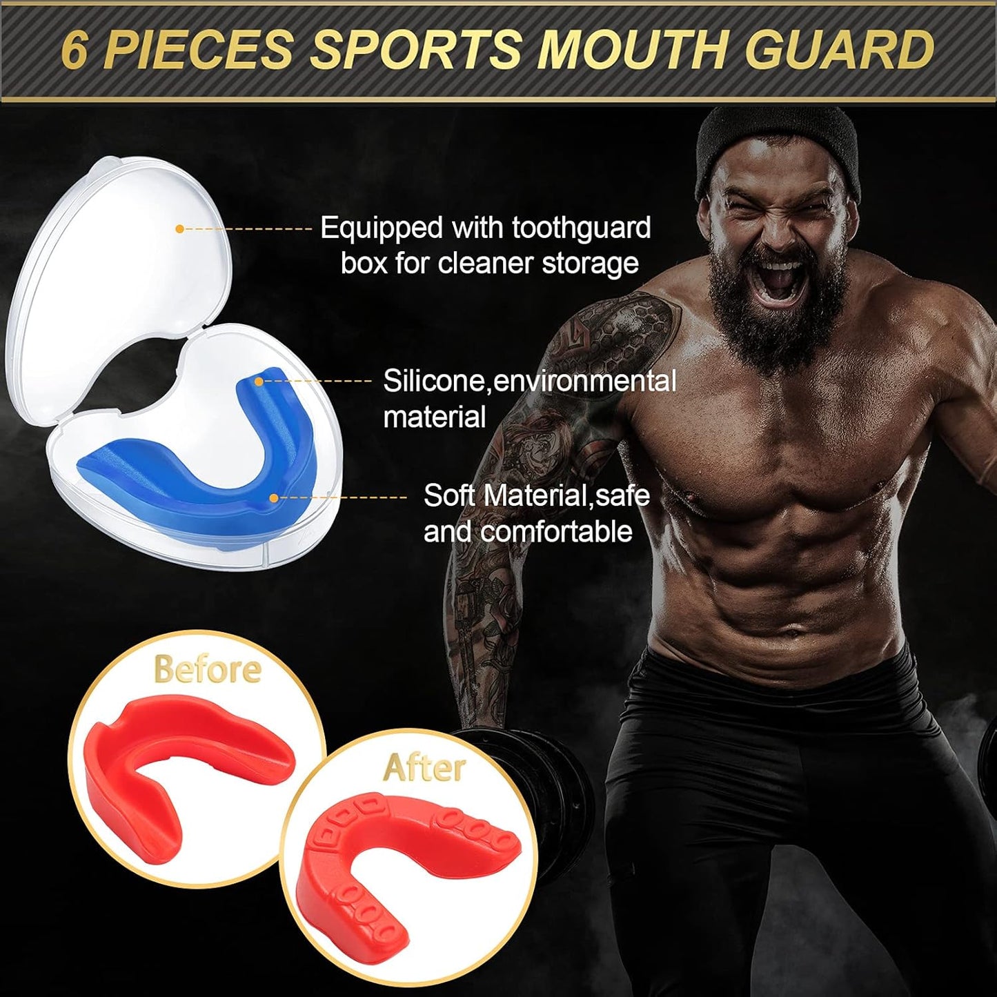 6 Pcs Youth Kids Mouth Guard for Sports, Boys Girls Mouth Guard with Case, Mouthguard for Football Hockey Basketball Lacrosse Boxing