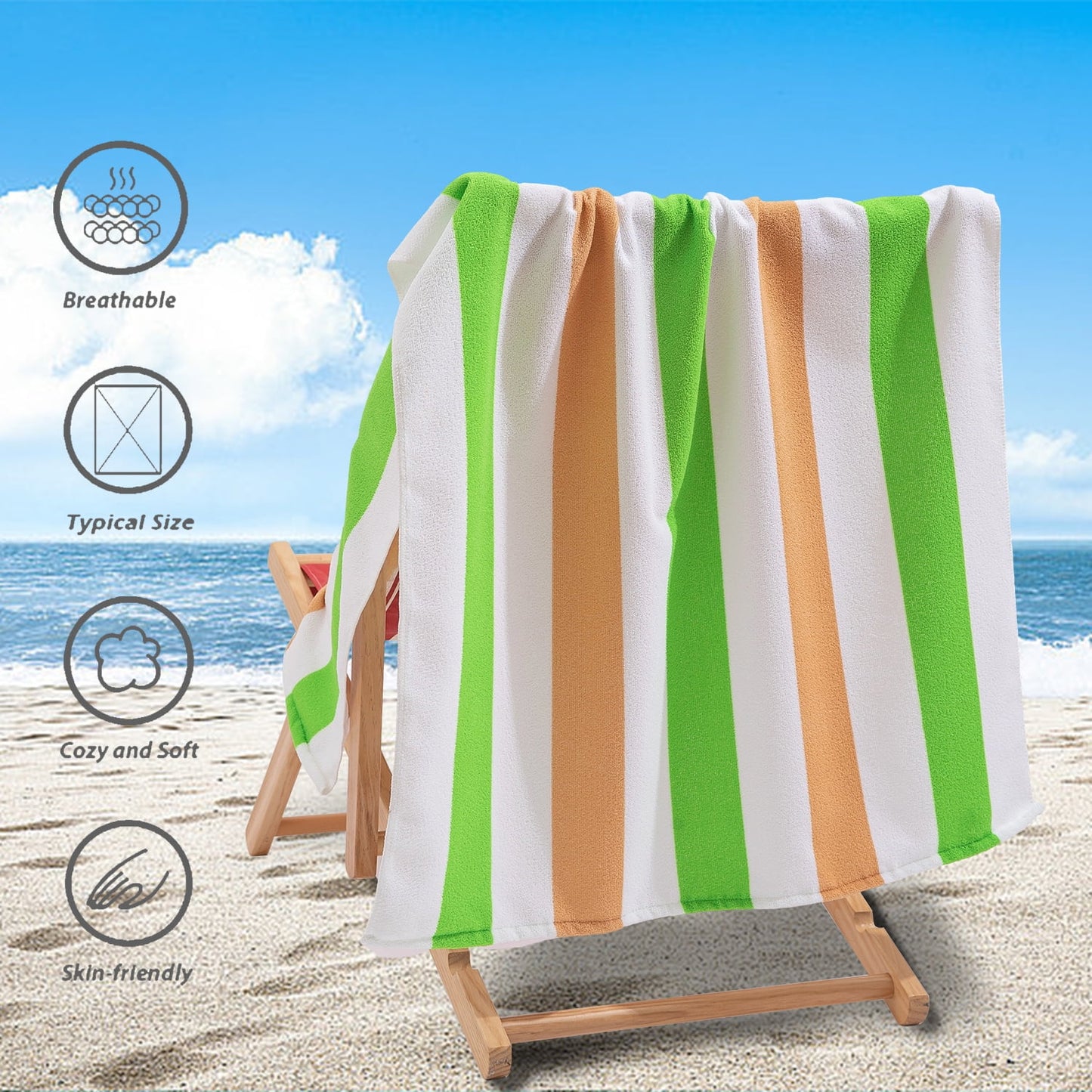 4 Pack Oversized Cabana Stripe Beach Towels, 60X30 Inches Microfiber Lightweight Outdoor Large Swim Towel for Adults (Green Coffee)
