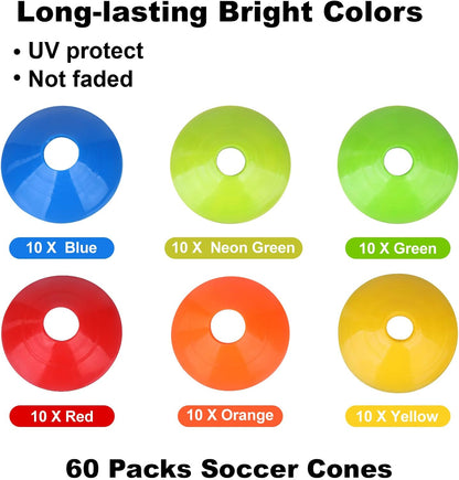 60PCS Soccer Cones with Strap Carry Bag Agility Disc Cones Soccer Training Cones, Field Marker Sport Training Cones for Challenge Football Basketball Skating Kids Games Outdoor Indoor