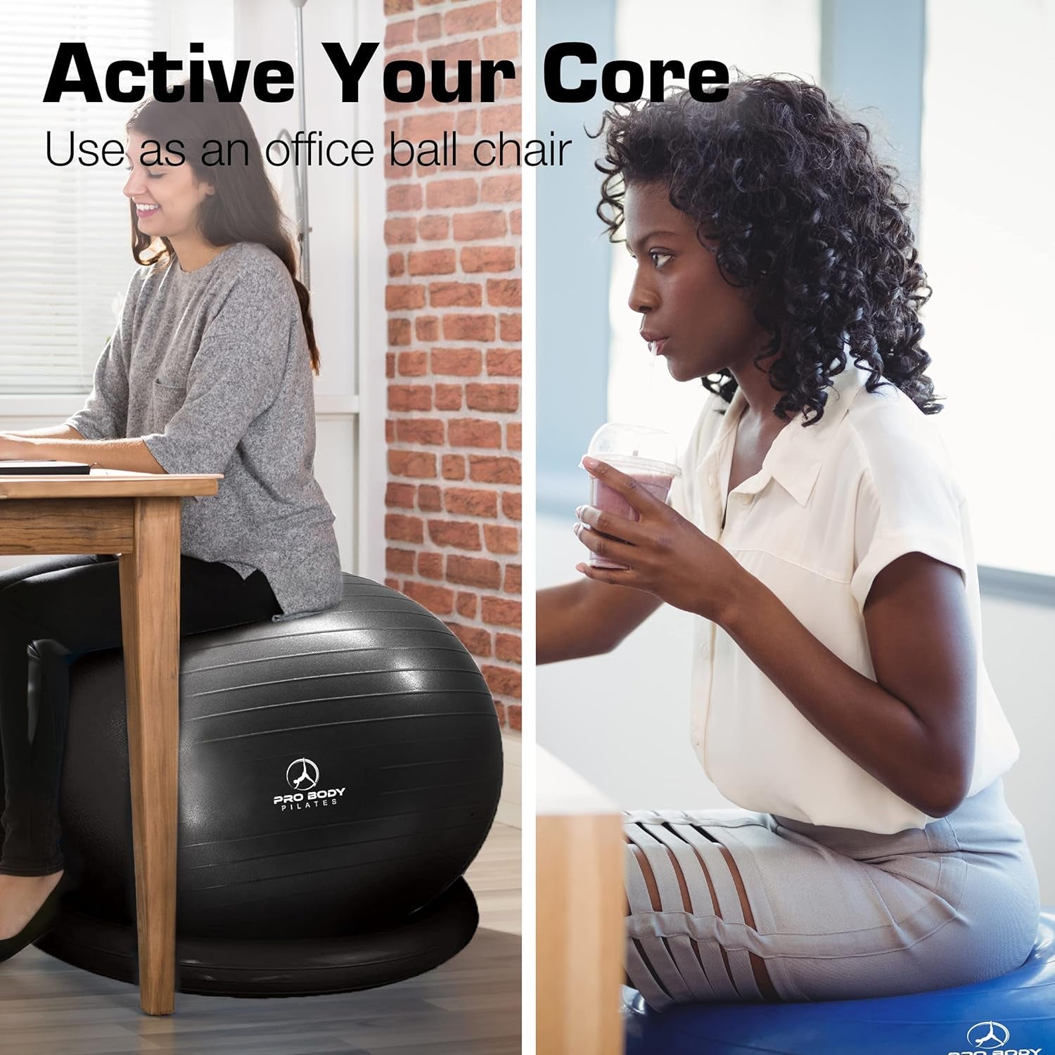 Yoga Ball Chair, Exercise Ball Chair with Base or Stand for Home Office Desk Sitting or Workout, 65Cm Antiburst Balance & Stability Ball Seat, Large Gym Ball for Back, Abs
