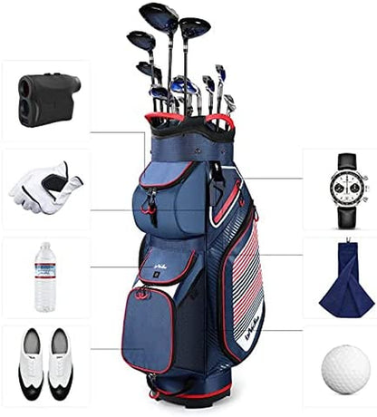 Cart Golf Bag 14 Way Divider Golf Push Cart Bag for Men Cart Bags with Cooler, Backpack Strap and Dust Cover, Portable Golf Carry Bag for Men & Women (Blue)