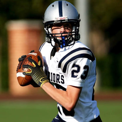 Youth American Football Gloves, Sticky Wide Receiver Gloves for Kids, Black and Gold Stretch Fit Rugby Gloves