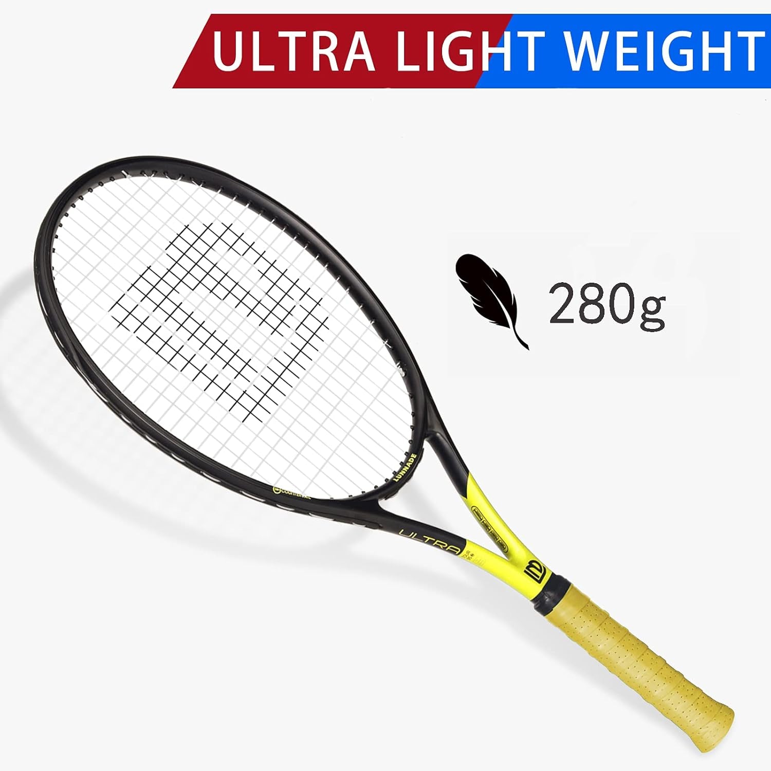 Adults Tennis Racket 27 Inch, Shockproof Carbon Fiber Tennis Racquet Light-Weight, Pre-Strung and Regrip, Suitable for Beginners to Intermediate Players